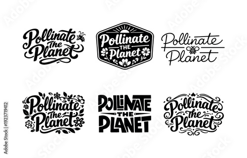 Pollinate the Planet lettering designs with bees and flowers, black and white
