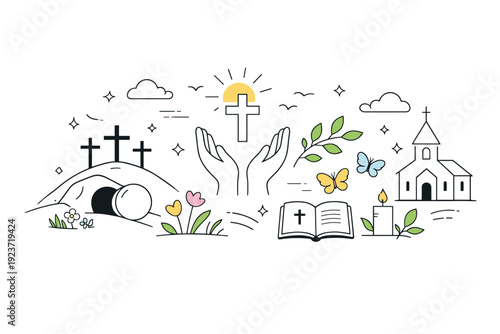 Spring religious holiday backgrounds. Modern stock illustration showing abstract spring elements and subtle sacred references blended into a peaceful editorial