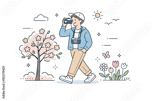 Spring photo walk scene. A character strolling outdoors with an analog camera around the neck, photographing blooming trees and flowers, emphasizing calm