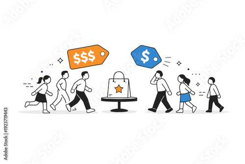 Consumer sensitivity. Abstract customers moving closer or farther from a product as price icons change size. Visual metaphor for