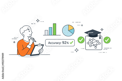 Model evaluation process. A person reviewing simple charts, accuracy indicators, and checkmarks near a trained model icon. The atmosphere feels analytical,