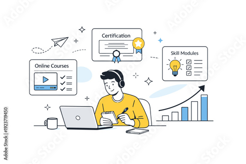 Professional development online courses. Employee upgrading skills through an online platform, reviewing modules and certificates. Steady career growth scene