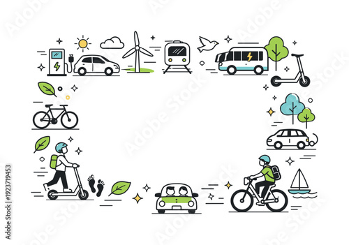 Diverse eco-friendly transportation options and renewable energy sources illustrated