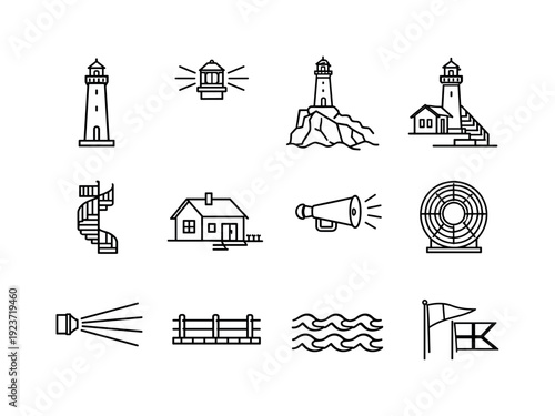 Collection of nautical and coastal themed line art icons for design