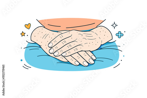 Wrinkles and freckles close-ups. Wide shot of hands folded in lap, small freckles and gentle wrinkles visible. Minimal editorial scene capturing calm, human