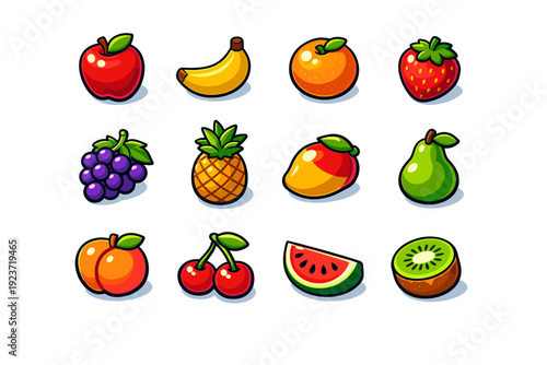 Fruits. Colorful isometric vector icons set of fruits: apple, banana, orange, strawberry, grape bunch, pineapple, mango, pear, peach, cherry, watermelon slice,