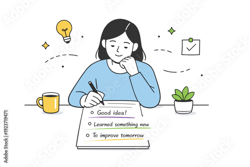 Daily reflection practice. A character reviews simple notes from the day, highlighting key thoughts with a calm, focused expression. The mood