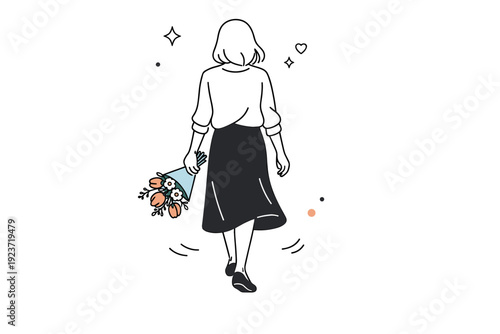 Women photographed from behind with bouquets. Woman walking slowly, bouquet visible in one hand, viewed from the back. Gentle movement, quiet confidence, soft
