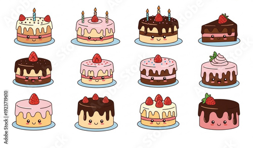 Cute Kawaii Cake Cartoon Icon Set Hand Drawn Vector