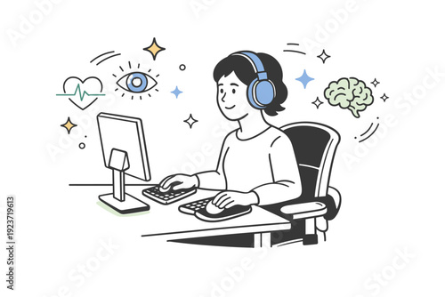 Inclusive workspace design. A person at a desk uses noise-cancelling headphones and ergonomic tools, abstract floating stars and lines emphasizing