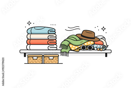 Closets half organized. Closet shelves with folded sweaters stacked beside a loose pile of scarves and accessories. Everyday balance between order and ease.