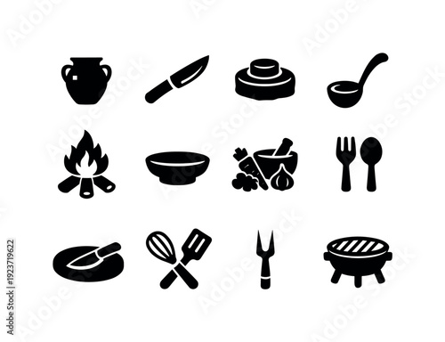Ancient cooking tools. Filled icon set of Ancient cooking tools: clay pot, bronze knife,