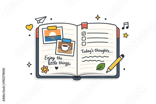 Creative journaling and scrapbooking showing a notebook with taped photos, handwritten notes and small decorative stickers, expressing self