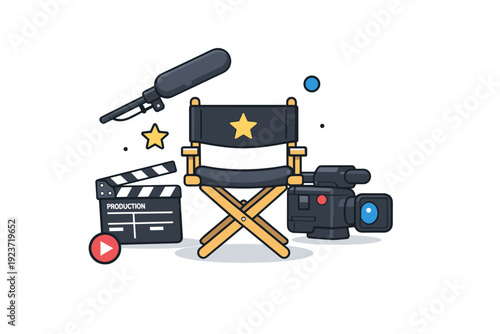Film production crew tools arranged around a single director chair, with a clapperboard, boom microphone and camera icon forming a clear