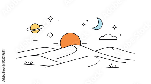 Stylized desert landscape with celestial elements at sunrise or sunset