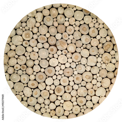 Wooden stacked sawn logs close up for background, top view. handmade table made of natural wood, isolated on a white background