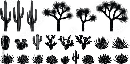 Collection of African savanna wildlife silhouettes including giraffe elephant zebra lion rhino and acacia trees isolated on white background for safariCollection of African 