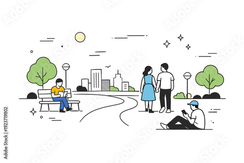 Soft sunset delay. A minimal city or park scene where daylight fades slowly but remains dominant. Quiet transition between day and evening without dramatic