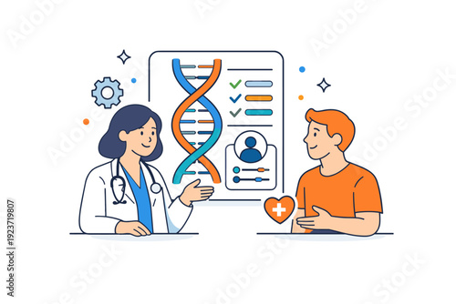 The future of personalized medicine and genomics illustrated by a doctor and patient interacting around a simplified DNA chart, communicating