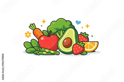 Spring healthy food fresh fruits and vegetables arranged in a light and balanced composition, conveying seasonal nutrition, freshness, and natural energy.