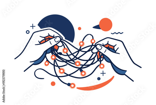 Fairy lights arrangement. Close-up of hands untangling a string of lights, smooth curves and