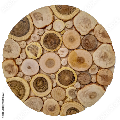 Abstract photo of a pile of natural wooden logs background, top view. isolated on a white background