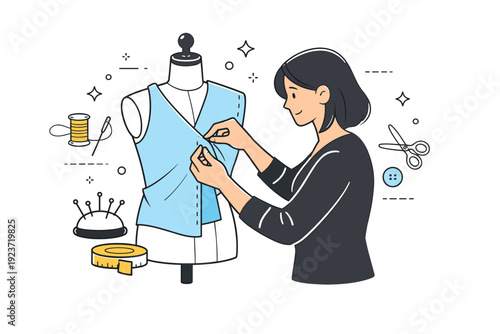 Fashion design process. A designer adjusting fabric on a mannequin, carefully shaping a garment prototype. The scene highlights hands-on