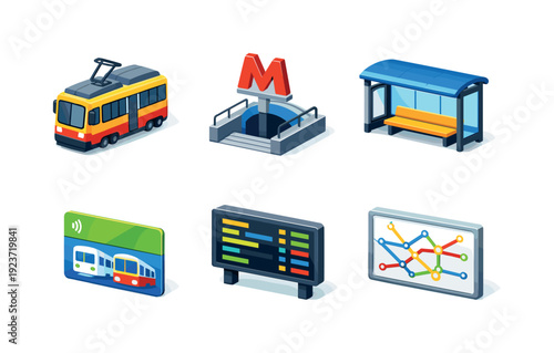 Public transport. Isometric flat vector icons set of public transport: electric tram, metro entrance sign, bus stop shelter, transit ticket