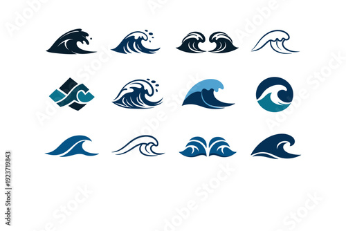 Ocean waves. Icon set. Set Logo of Ocean waves: breaking surf splash. harmonious logo variations of the same emblematic concept, each with