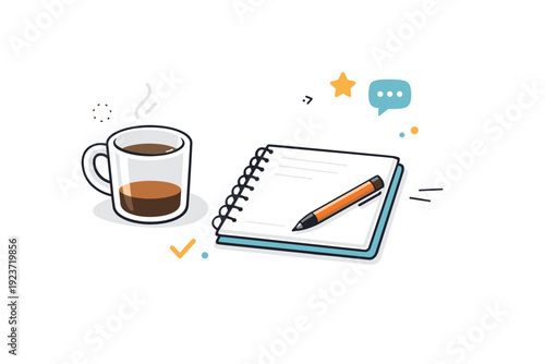 Half-finished cups on tables. Coffee cup left on a work desk beside a notebook and pen, liquid level clearly visible. Visual hint of interrupted focus and