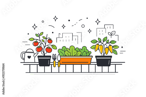 Urban vegetable garden. A small balcony shows tomatoes, peppers, and leafy greens growing in pots, abstract floating dots and stars emphasizing sustainable