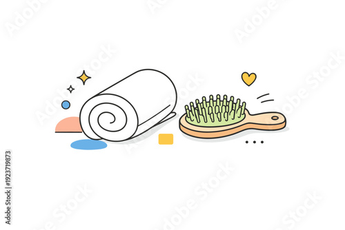 Simple bathroom still life. A minimal editorial composition with a rolled towel and a hairbrush arranged carefully, surrounded by small