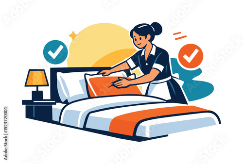 Hotel housekeeping. Neatly dressed worker fluffing pillows with precision, bed perfectly