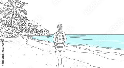 Minimalist beach scene: woman backpacking along tropical shoreline