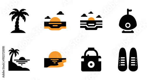 Tropical beach icons highlighting sunsets and travel elements in silhouette style