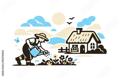 Cottagecore spring morning. A person watering plants beside a small cottage, rolling hills