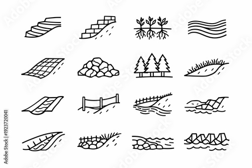 Erosion Control. Line icon set of Erosion Control: terraced hillside, retaining wall, planted vegetation roots, contour farming lines, erosion control netting,