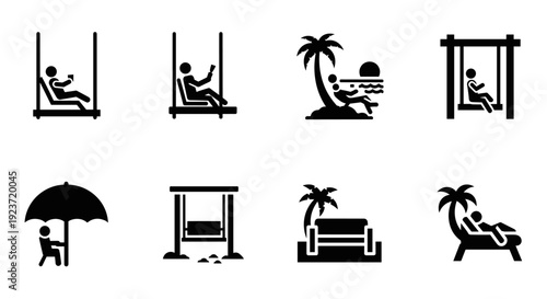 Silhouette icons of people relaxing on swings and beaches under palm trees