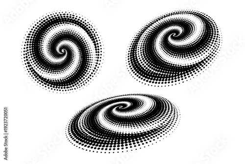 Halftone dotted spiral circle A spiral-based dotted circular motif shown in three views including front view, rotated view, and three-quarter