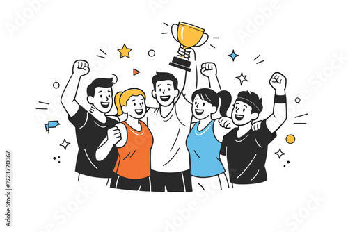 Team victory celebration. A group of athletes raising their arms and smiling together after winning a match, standing close in a supportive