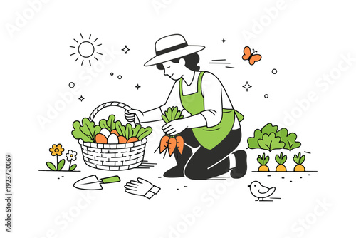 Easter farm-to-table meals. A farmer or cook harvesting fresh produce in a small garden, basket filled with greens and spring vegetables. Connection to nature,