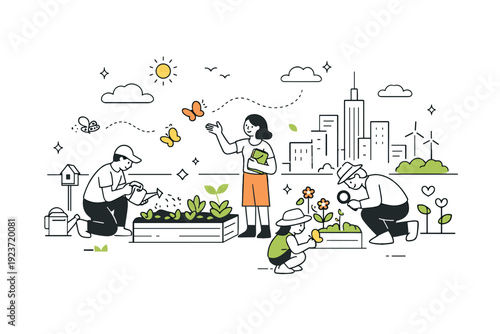 Urban biodiversity projects. Rooftop garden with city skyline in the background, people caring for plants and observing