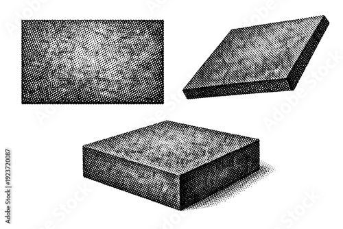 Old newspaper dense dot print texture shown as a single object presented in three views: flat top view, angled view, and three-quarter perspective view. Black