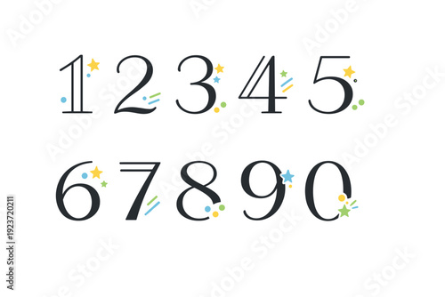 Decorative numbers collection. Stylized numbers with small abstract accents like dots, stars, or lines integrated into the forms. Playful yet restrained