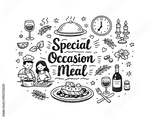 Special Meal Doodle. Special Occasion Meal. Hand-drawn doodle illustration of Special Occasion Meal. plated