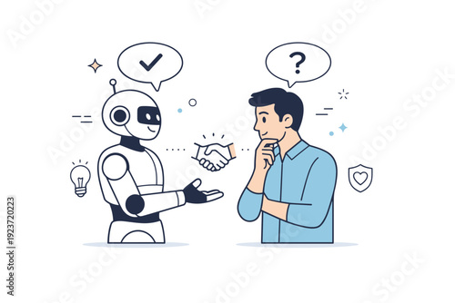 Trust between humans and robots. A robot offering help while a human thoughtfully considers it, standing close together. Focused interaction