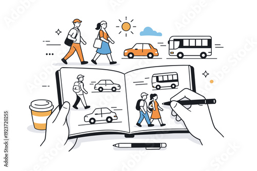 Sketching on the go. An artist captures movement of pedestrians and traffic in a simple, portable sketchbook. Friendly, observational scene with soft abstract
