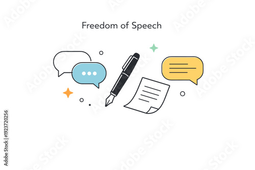 Freedom of speech. A conceptual layout showing abstract dialogue icons and a free-floating pen or paper symbol. The mood is thoughtful, calm,
