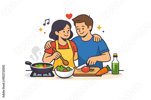 Couple cooking together sharing a joyful moment in the kitchen while preparing a homemade meal. A warm and playful visual metaphor of