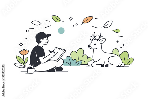Nature and wildlife as subjects in art. An artist calmly sketching a wild animal surrounded by plants, with leaves and abstract shapes